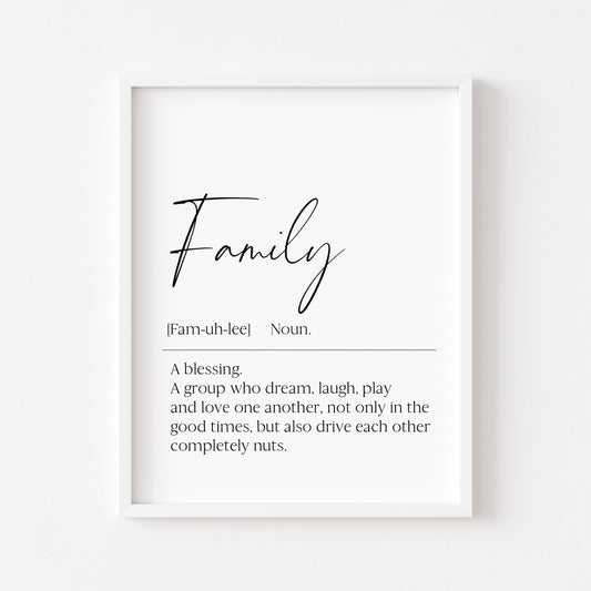 Family definition, definitions, home hallway unframed wall art poster print, home decor, definition prints, home family wall art poster print
