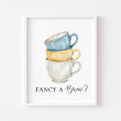Tea cups fancy a brew? cup of tea blue yellow Kitchen Art (Unframed)