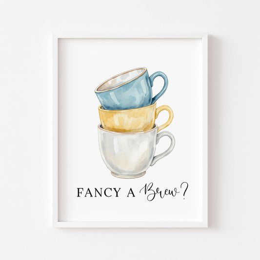 Tea cups fancy a brew? cup of tea blue yellow Kitchen Art (Unframed)