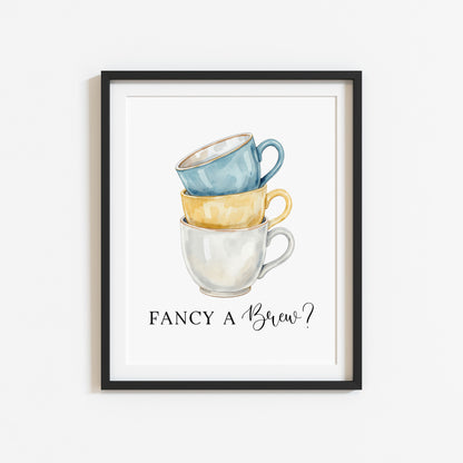 Tea cups fancy a brew? cup of tea blue yellow Kitchen Art (Unframed)