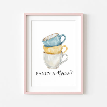 Tea cups fancy a brew? cup of tea blue yellow Kitchen Art (Unframed)