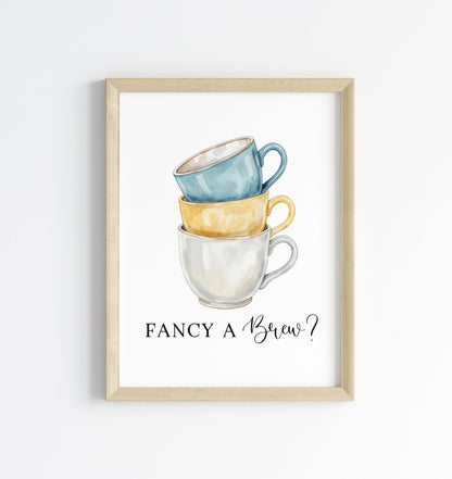Tea cups fancy a brew? cup of tea blue yellow Kitchen Art (Unframed)