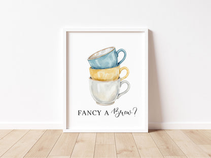 Tea cups fancy a brew? cup of tea blue yellow Kitchen Art (Unframed)