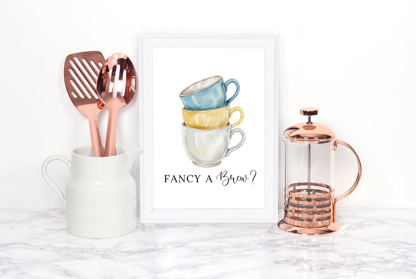 Tea cups fancy a brew? cup of tea blue yellow Kitchen Art (Unframed)