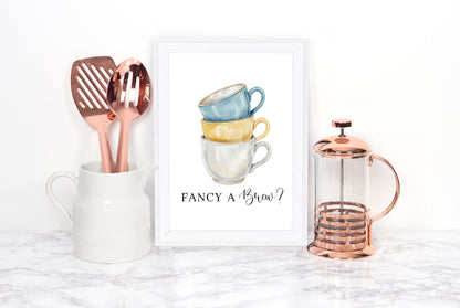 Tea cups fancy a brew? cup of tea blue yellow Kitchen Art (Unframed)