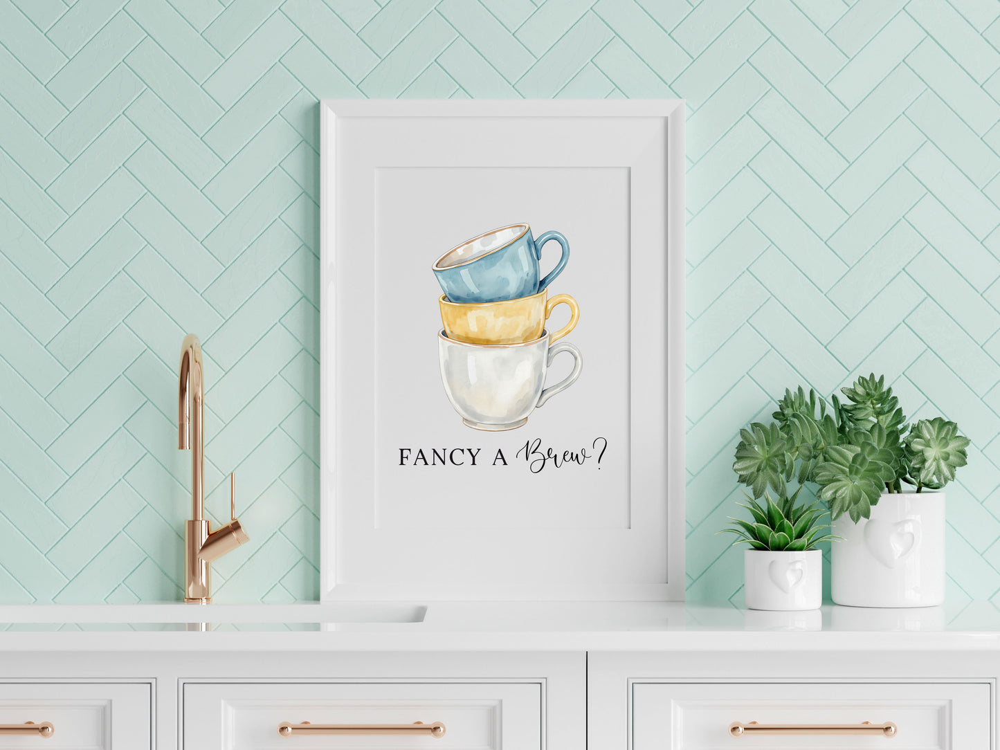 Tea cups fancy a brew? cup of tea blue yellow Kitchen Art (Unframed)