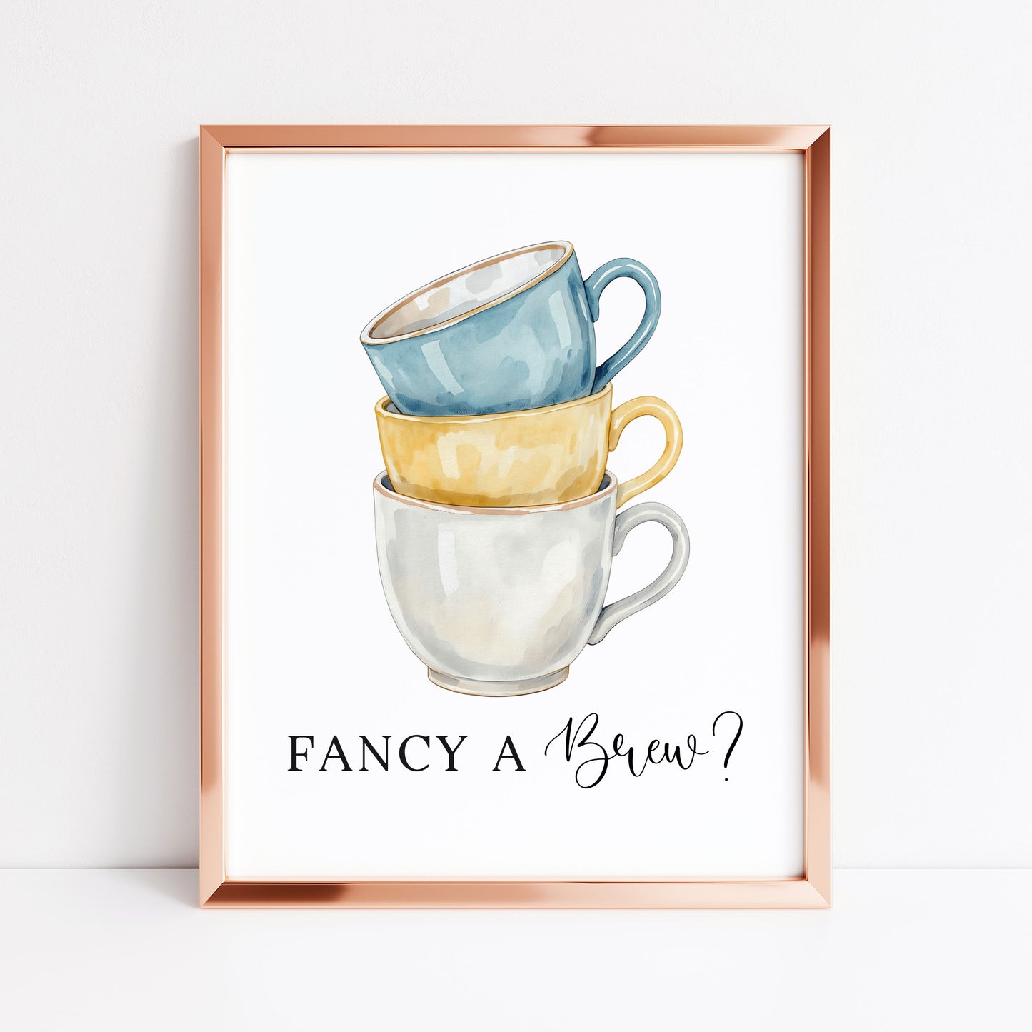 Tea cups fancy a brew? cup of tea blue yellow Kitchen Art (Unframed)