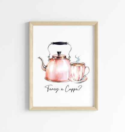 Tea print, Fancy a cuppa? cute pink tea & kettle cup watercolour kitchen office home unframed wall art poster print