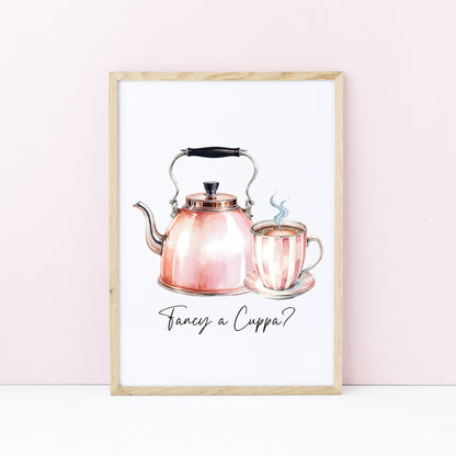 Tea print, Fancy a cuppa? cute pink tea & kettle cup watercolour kitchen office home unframed wall art poster print