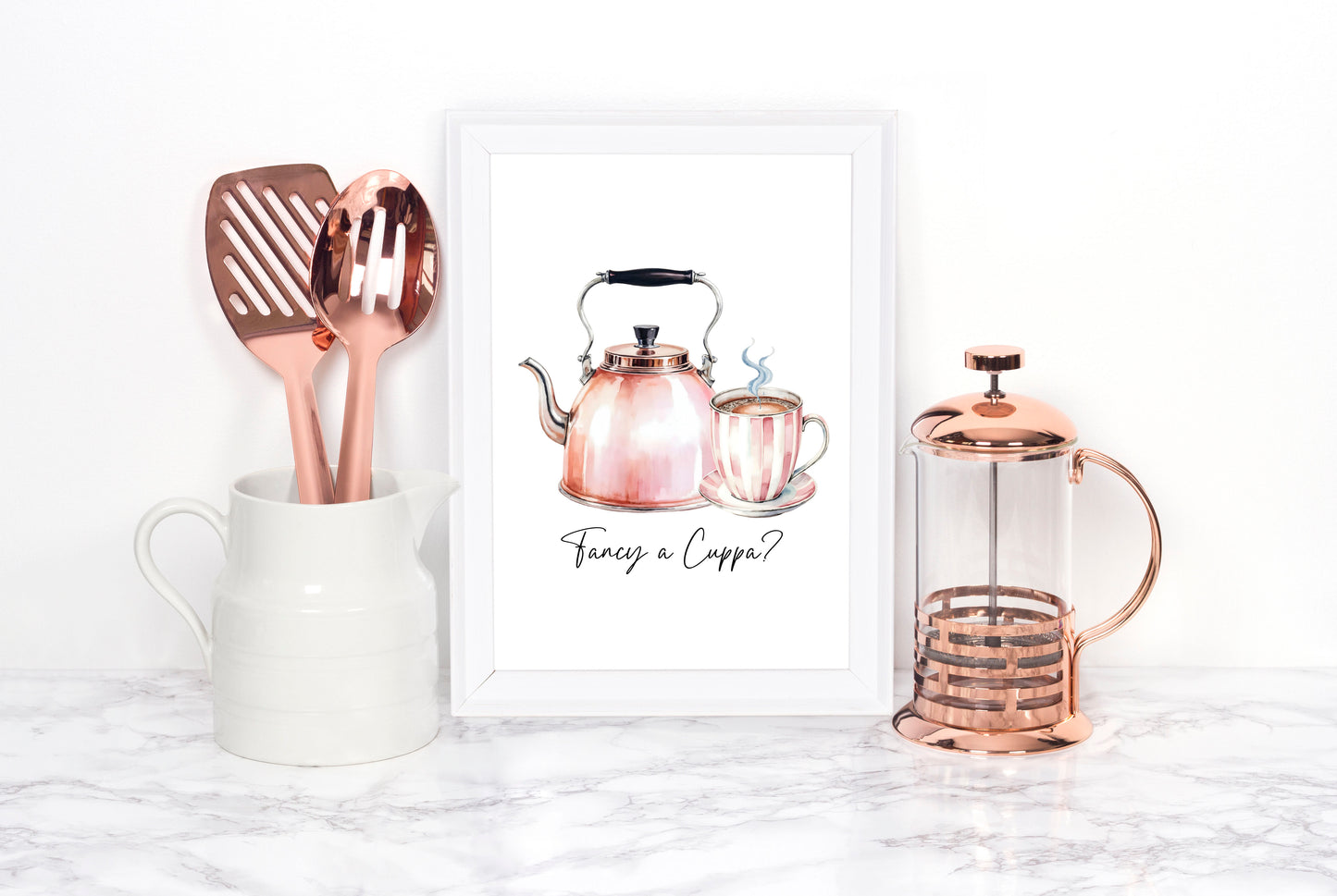 Tea print, Fancy a cuppa? cute pink tea & kettle cup watercolour kitchen office home unframed wall art poster print