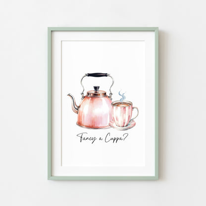 Tea print, Fancy a cuppa? cute pink tea & kettle cup watercolour kitchen office home unframed wall art poster print