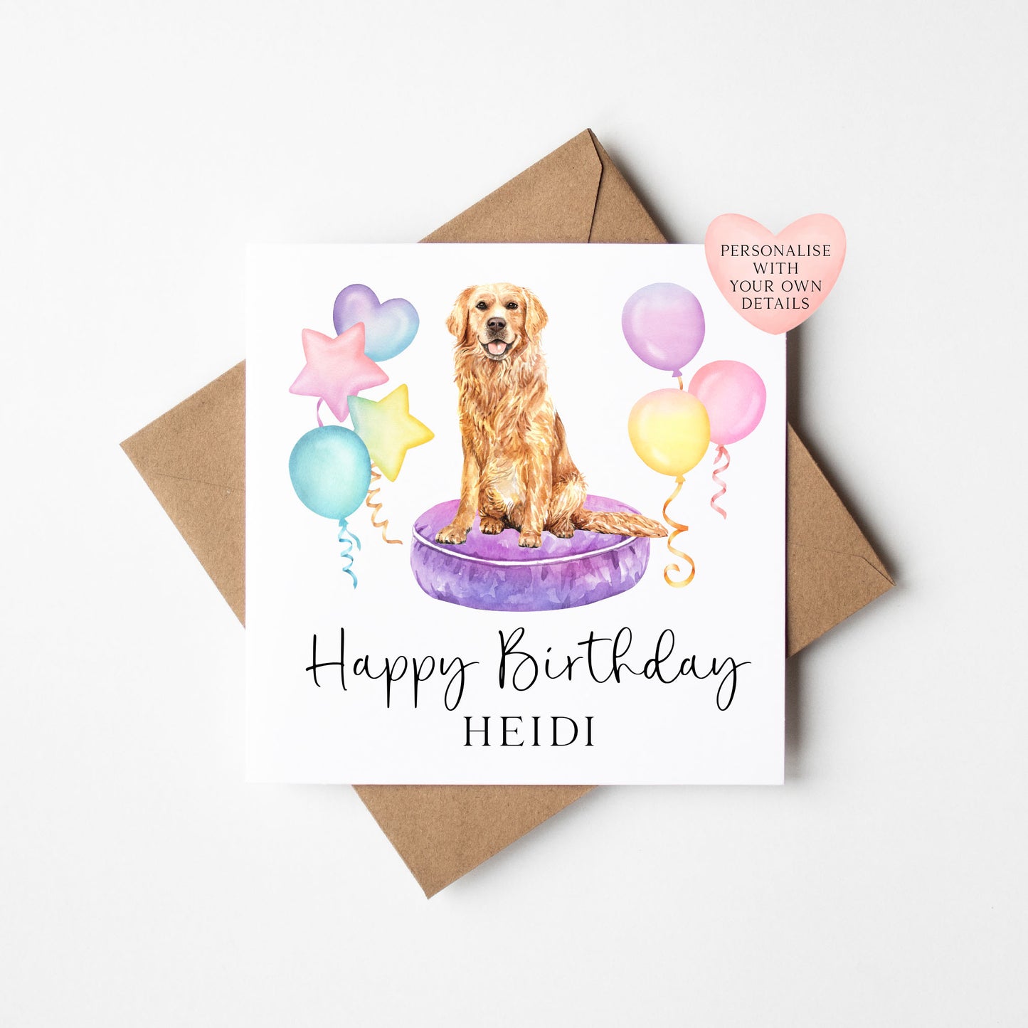 Personalised Golden Retriever Birthday card, custom dog & balloons Retriever lover birthday card
