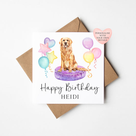 Personalised Golden Retriever Birthday card, custom dog & balloons Retriever lover birthday card