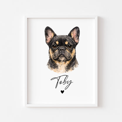 Personalised French Bulldog  Print Custom Frenchie Name Pet portrait - 8 colours, unframed wall art