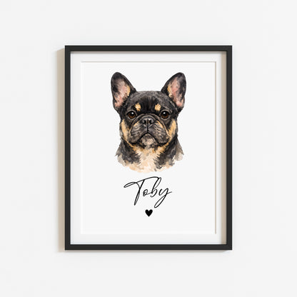 Personalised French Bulldog  Print Custom Frenchie Name Pet portrait - 8 colours, unframed wall art
