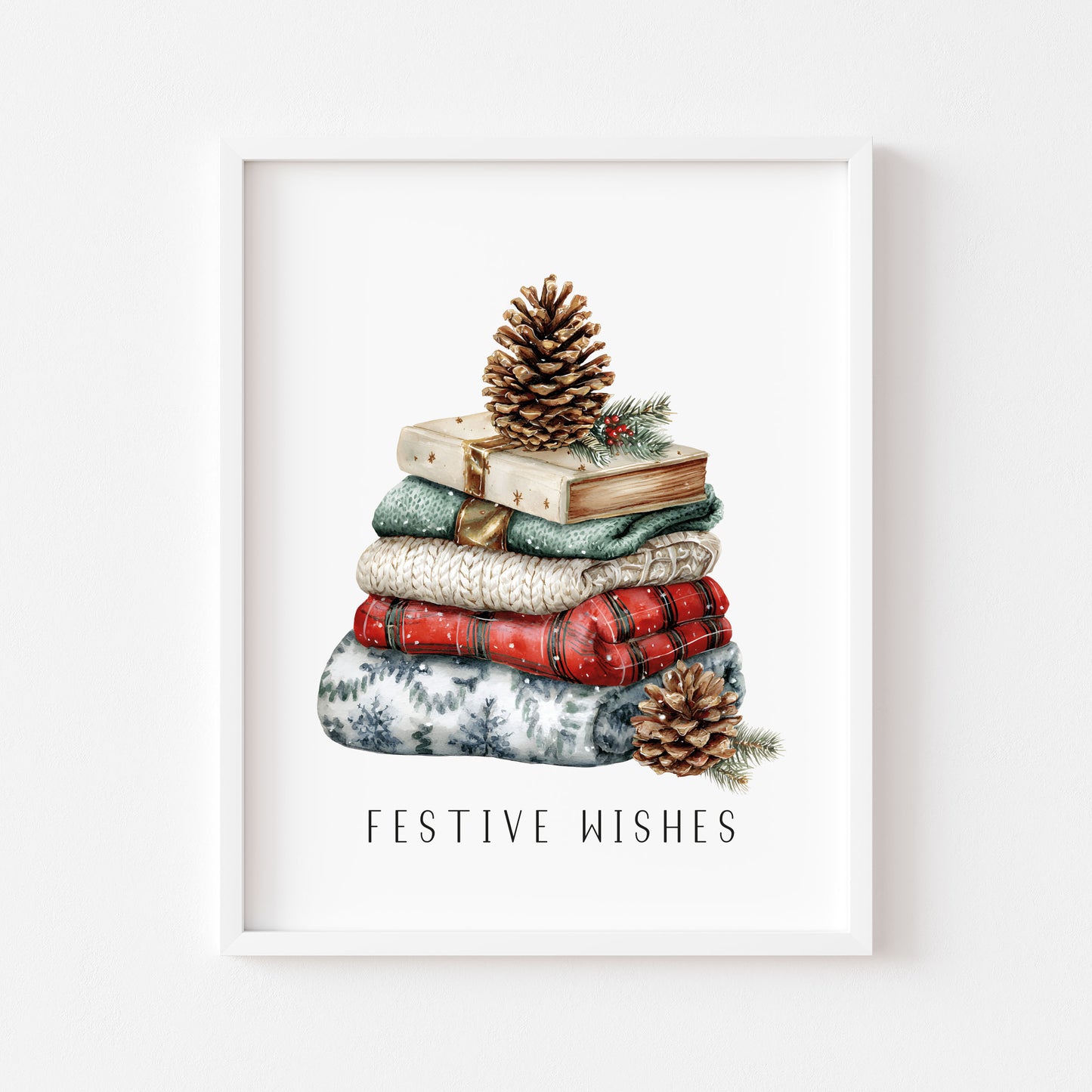 Christmas Print Festive wishes Red Black & Green watercolour Wall Art (unframed)