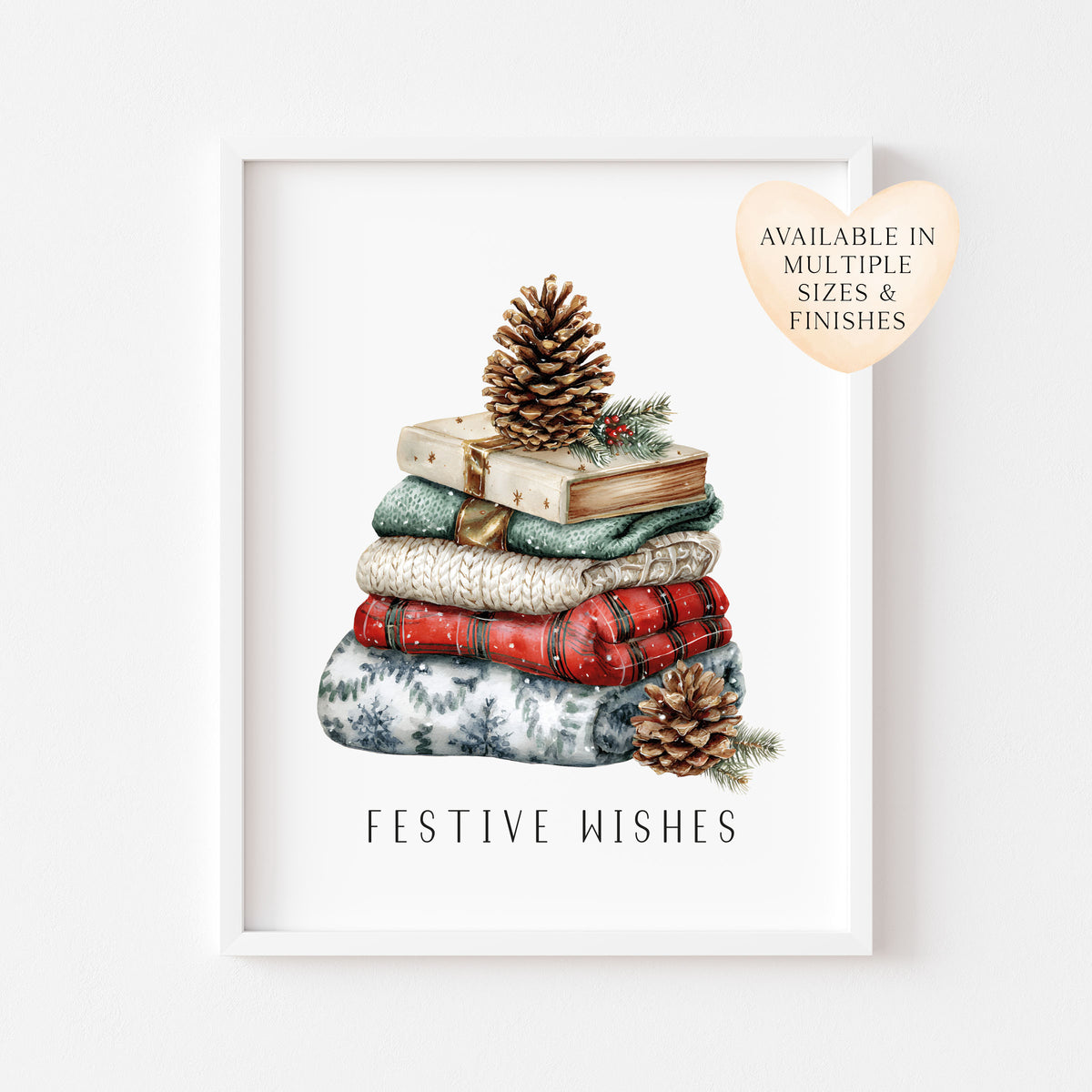 Christmas Print Festive wishes Red Black & Green watercolour Wall Art (unframed)