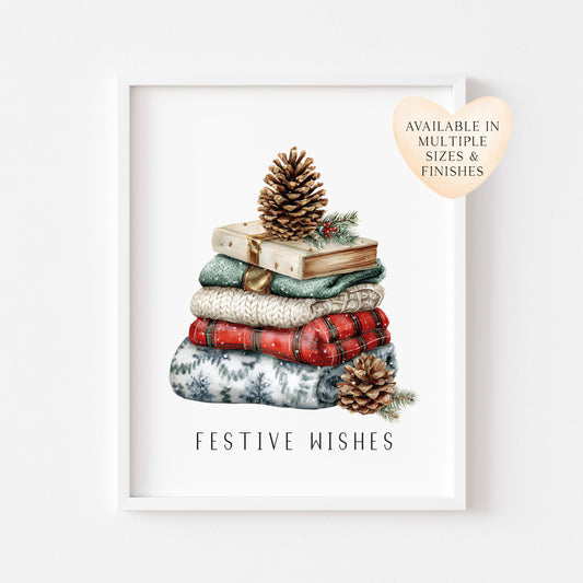 Christmas Print Festive wishes Red Black & Green watercolour Wall Art (unframed)