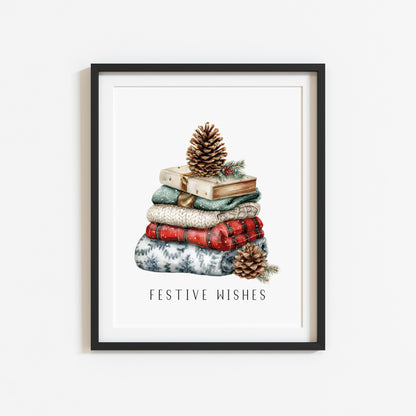 Christmas Print Festive wishes Red Black & Green watercolour Wall Art (unframed)