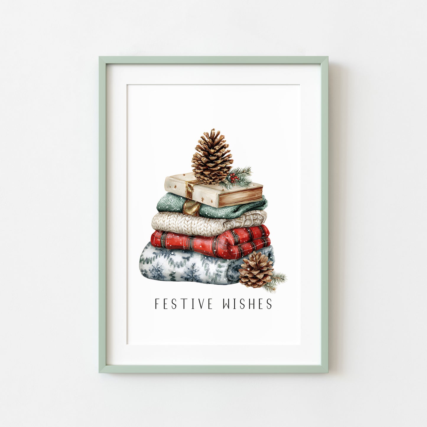 Christmas Print Festive wishes Red Black & Green watercolour Wall Art (unframed)