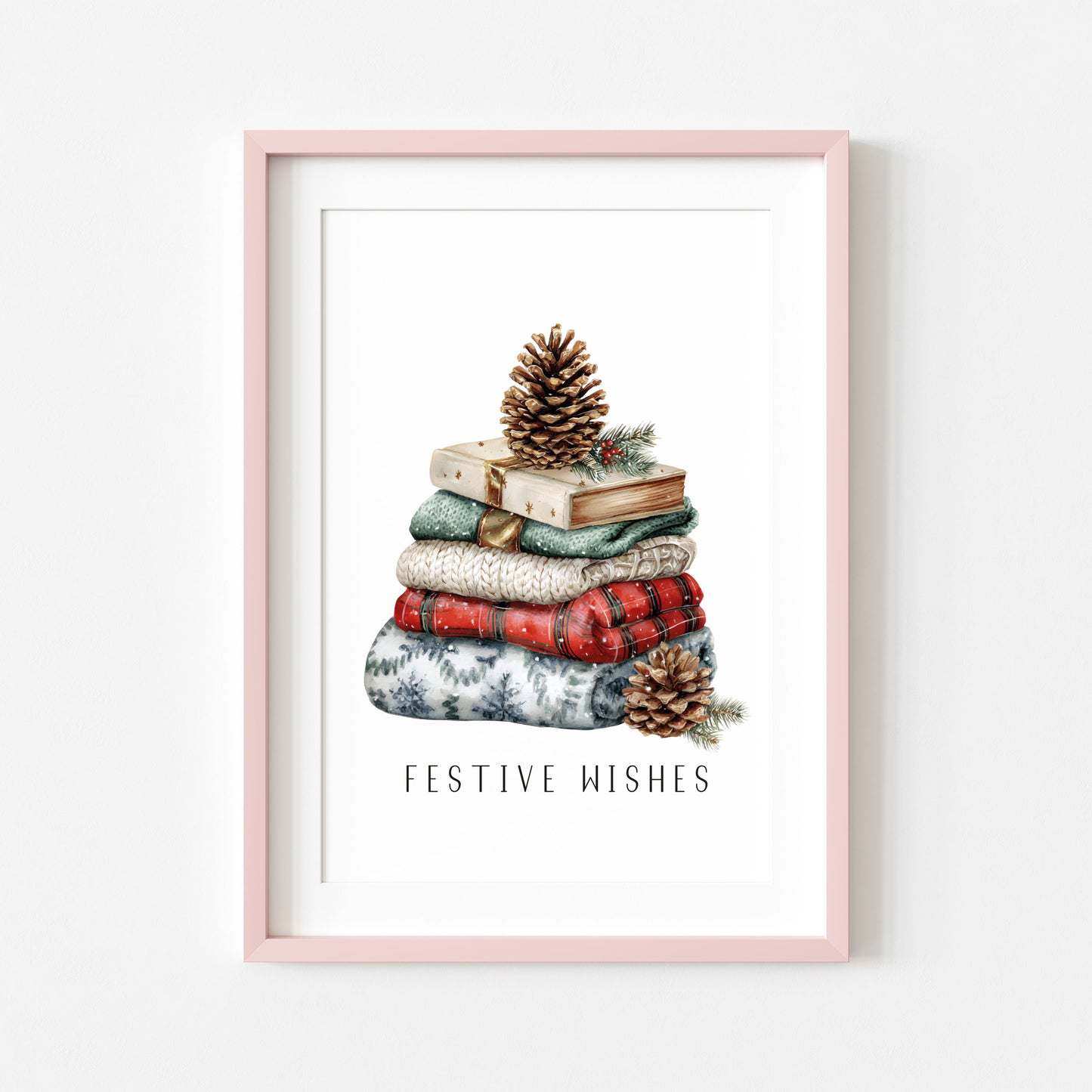 Christmas Print Festive wishes Red Black & Green watercolour Wall Art (unframed)