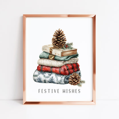 Christmas Print Festive wishes Red Black & Green watercolour Wall Art (unframed)
