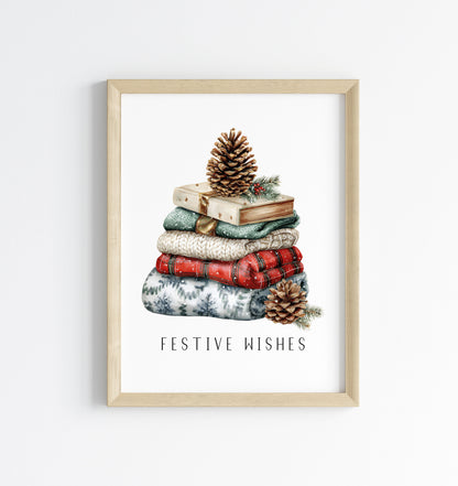 Christmas Print Festive wishes Red Black & Green watercolour Wall Art (unframed)