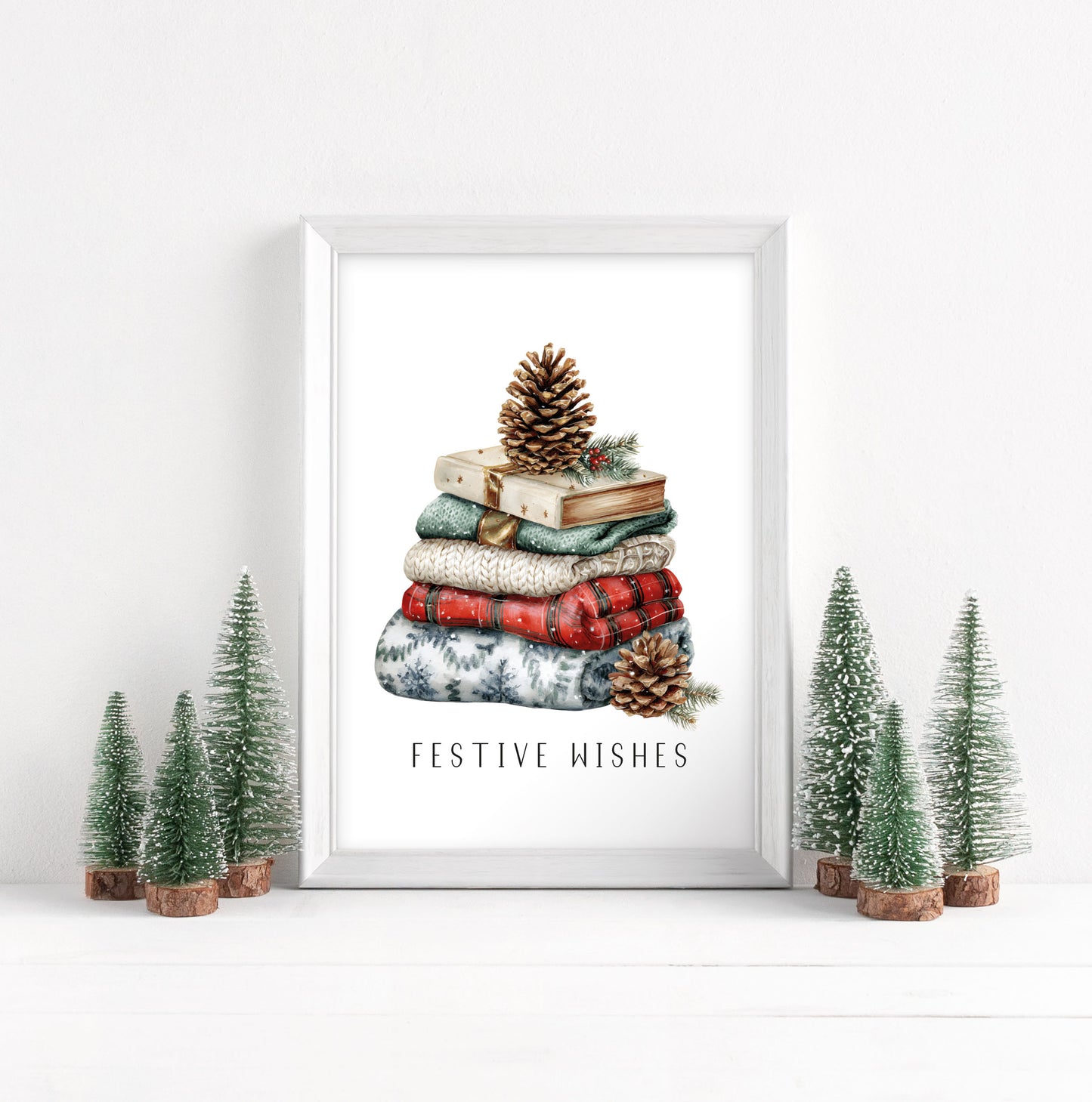 Christmas Print Festive wishes Red Black & Green watercolour Wall Art (unframed)