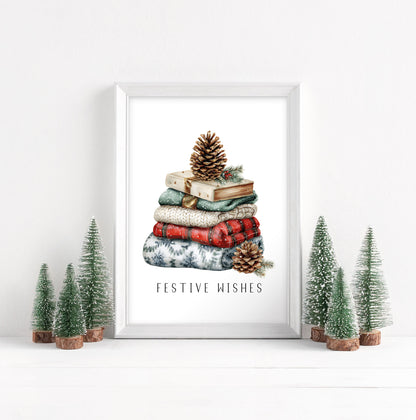 Christmas Print Festive wishes Red Black & Green watercolour Wall Art (unframed)