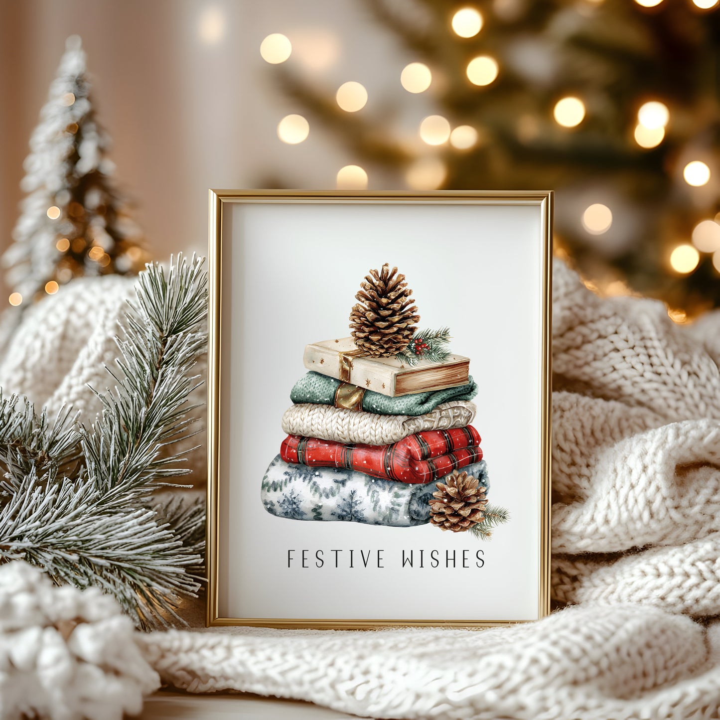 Christmas Print Festive wishes Red Black & Green watercolour Wall Art (unframed)