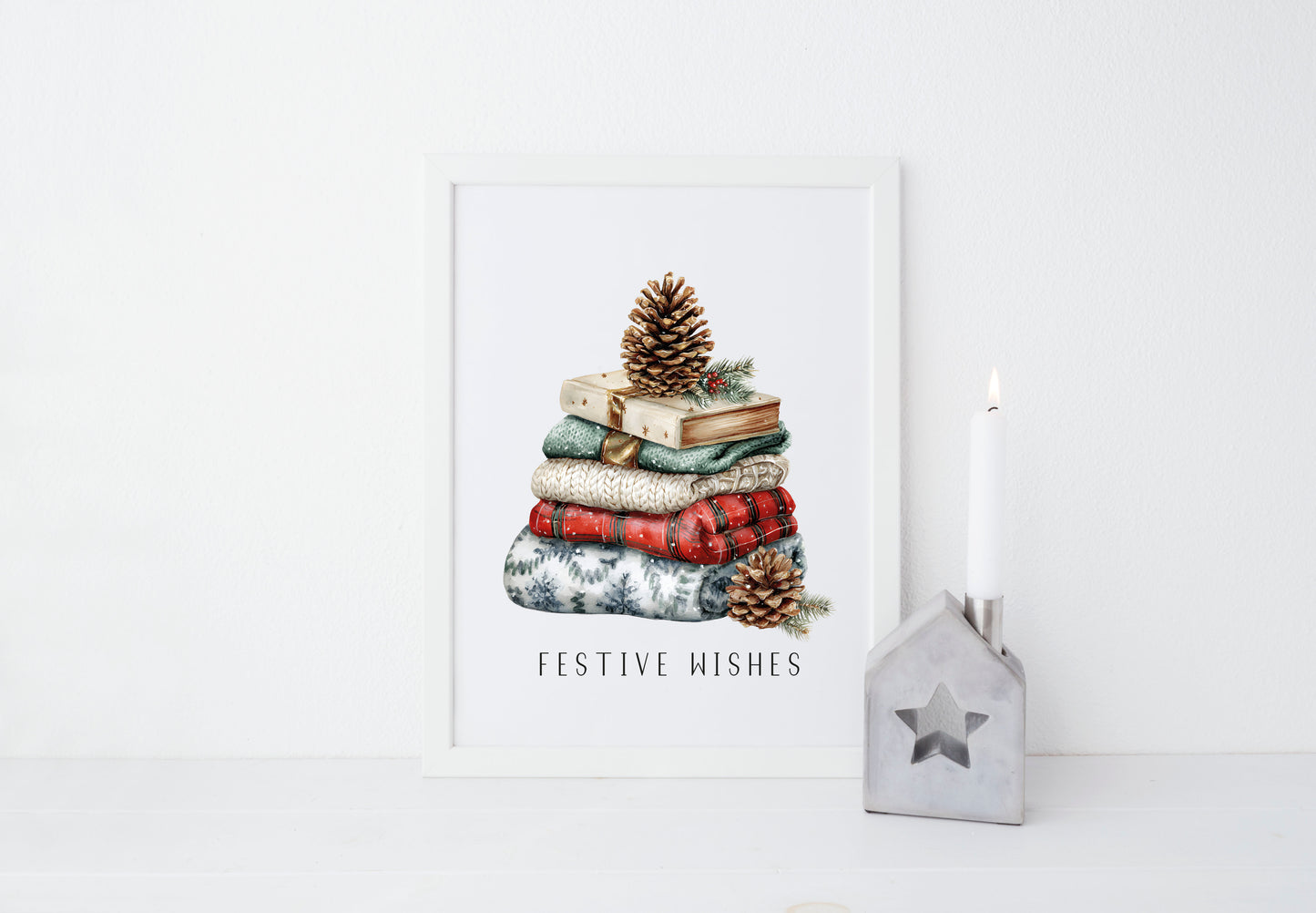 Christmas Print Festive wishes Red Black & Green watercolour Wall Art (unframed)