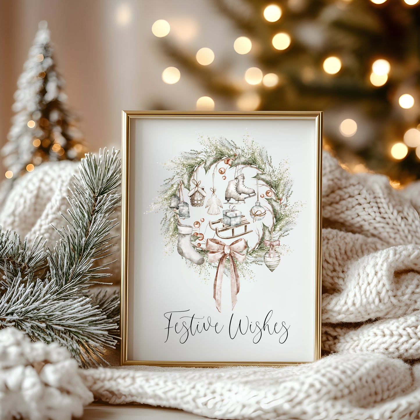Christmas Print Watercolour Beige white red wreath decorations festive wishes Wall Art (unframed)