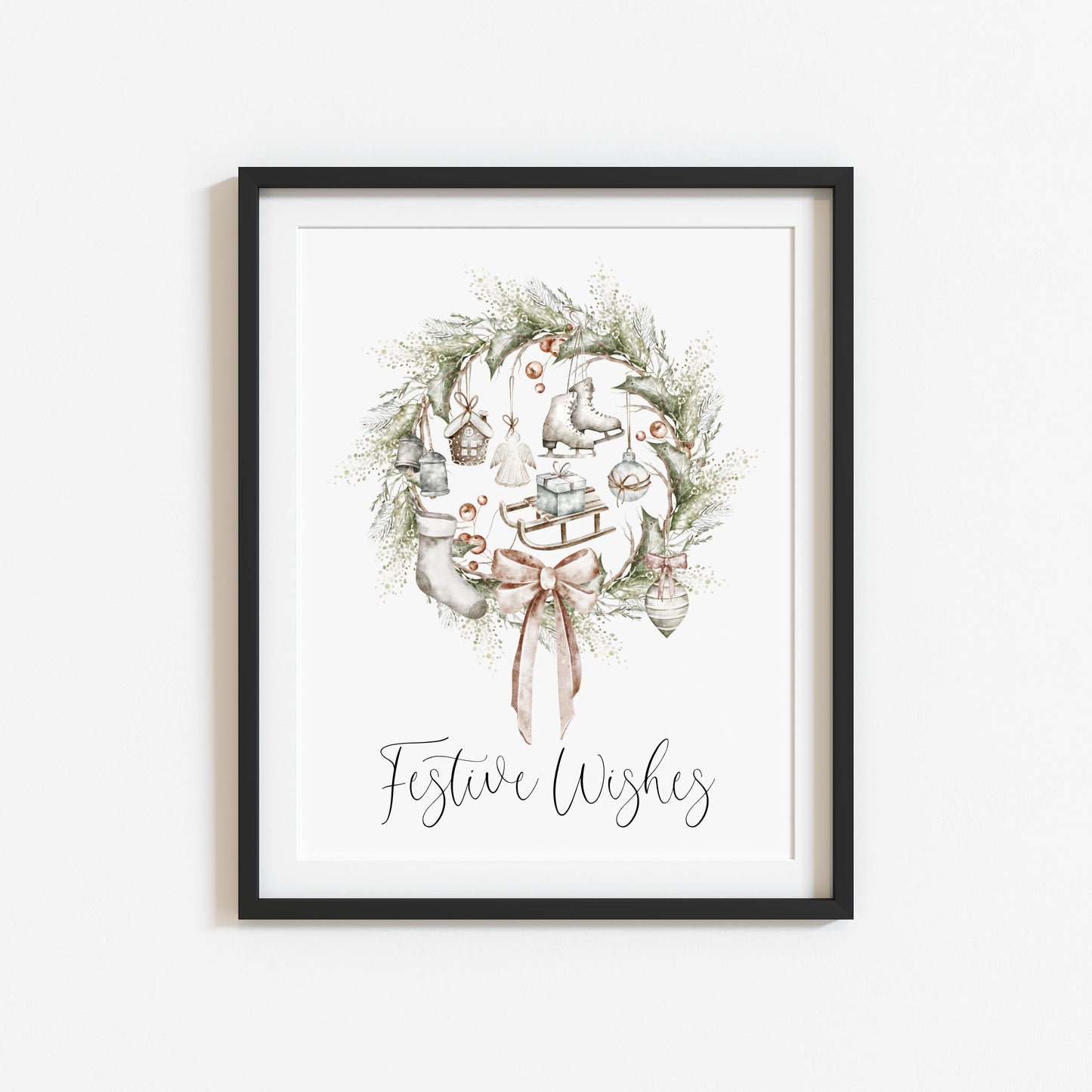 Christmas Print Watercolour Beige white red wreath decorations festive wishes Wall Art (unframed)