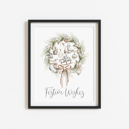 Christmas Print Watercolour Beige white red wreath decorations festive wishes Wall Art (unframed)