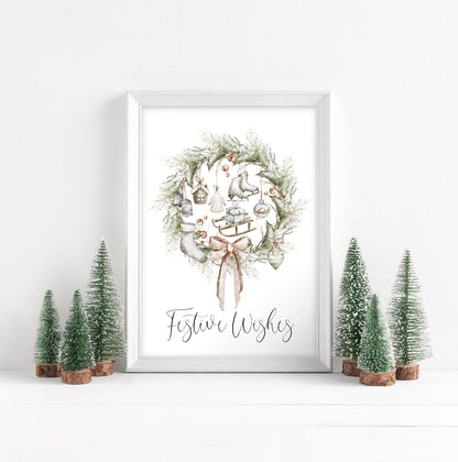 Christmas Print Watercolour Beige white red wreath decorations festive wishes Wall Art (unframed)