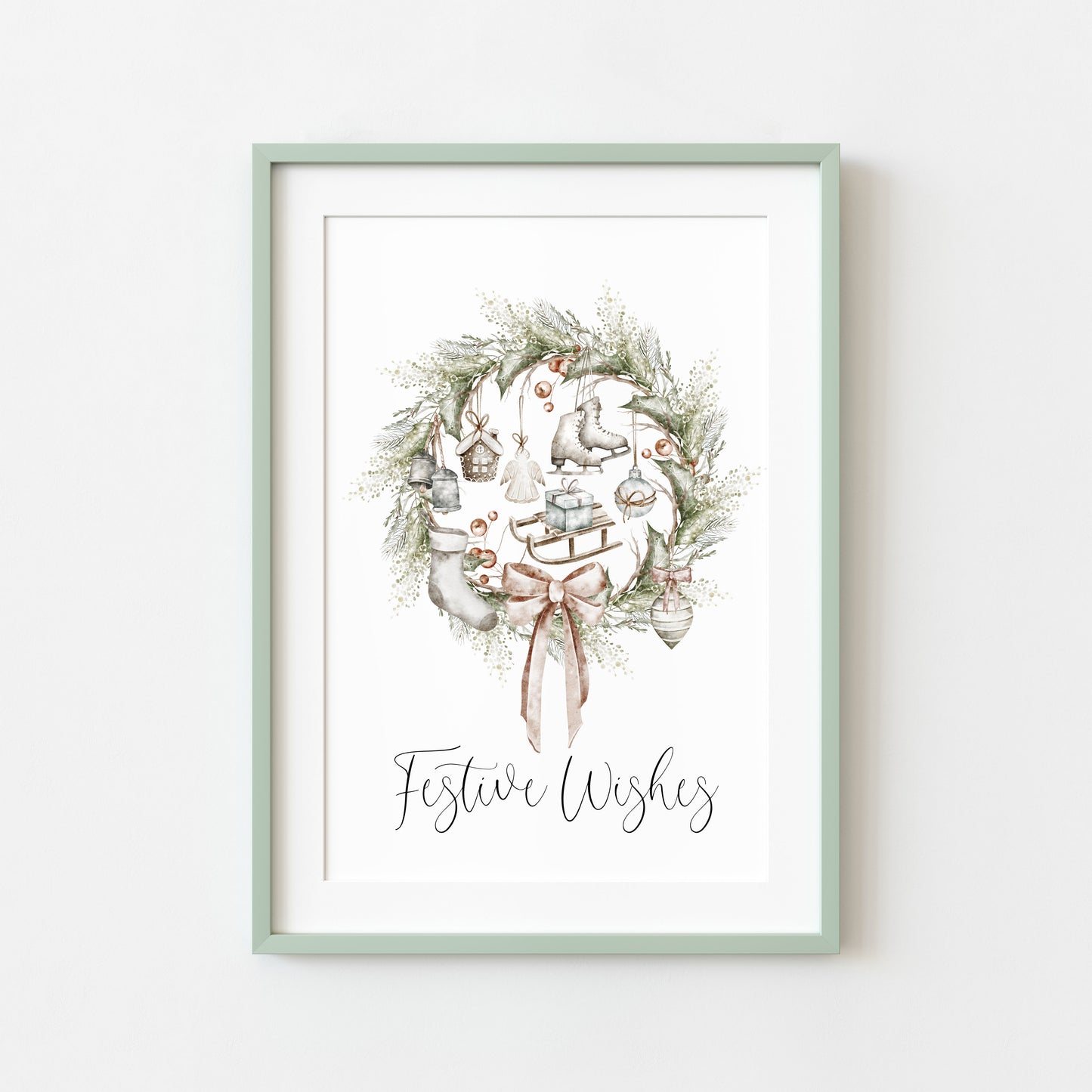 Christmas Print Watercolour Beige white red wreath decorations festive wishes Wall Art (unframed)