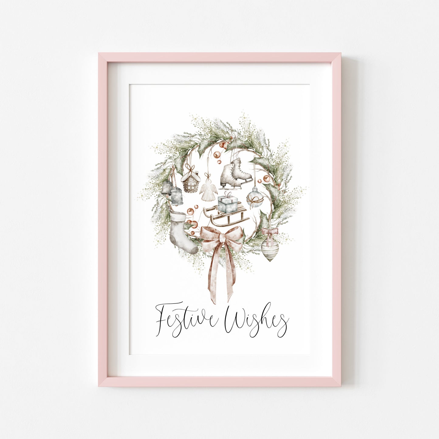 Christmas Print Watercolour Beige white red wreath decorations festive wishes Wall Art (unframed)