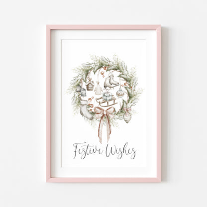Christmas Print Watercolour Beige white red wreath decorations festive wishes Wall Art (unframed)