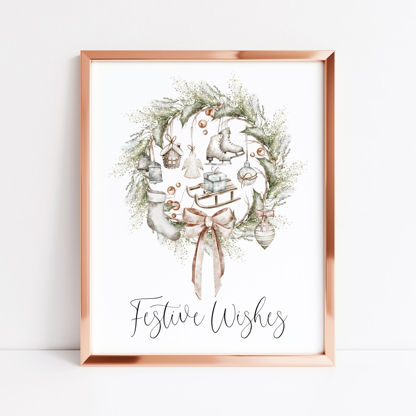 Christmas Print Watercolour Beige white red wreath decorations festive wishes Wall Art (unframed)