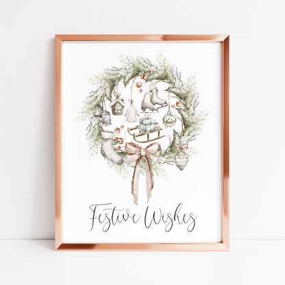 Christmas Print Watercolour Beige white red wreath decorations festive wishes Wall Art (unframed)