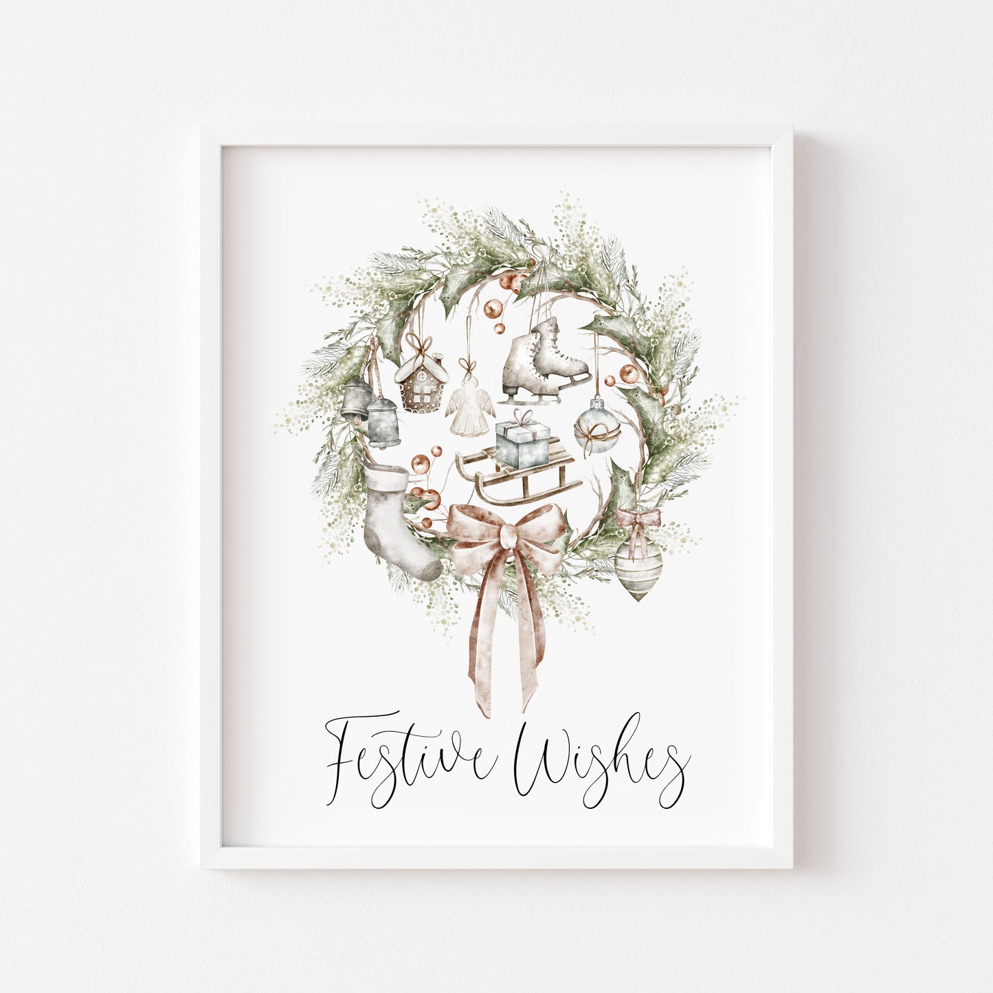 Christmas Print Watercolour Beige white red wreath decorations festive wishes Wall Art (unframed)