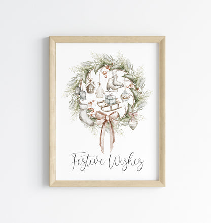 Christmas Print Watercolour Beige white red wreath decorations festive wishes Wall Art (unframed)