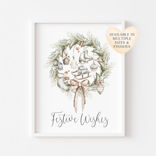 Christmas Print Watercolour Beige white red wreath decorations festive wishes Wall Art (unframed)