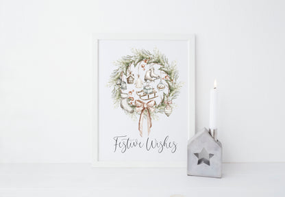 Christmas Print Watercolour Beige white red wreath decorations festive wishes Wall Art (unframed)
