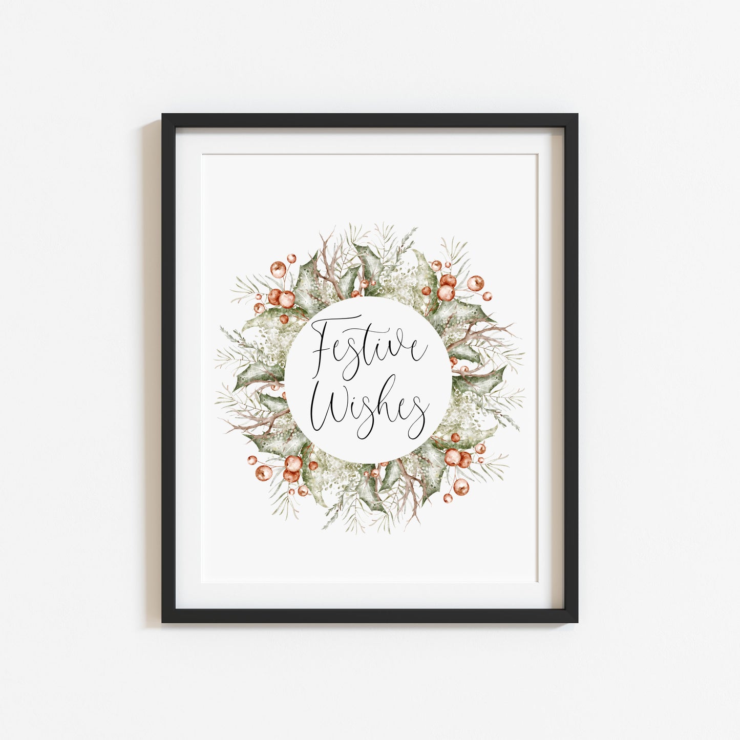 Christmas Print Watercolour Green white red wreath festive wishes Wall Art (unframed)
