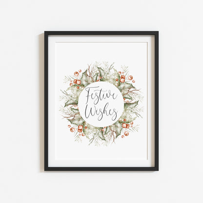 Christmas Print Watercolour Green white red wreath festive wishes Wall Art (unframed)