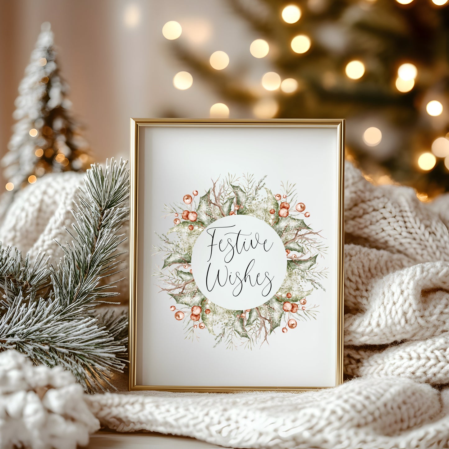 Christmas Print Watercolour Green white red wreath festive wishes Wall Art (unframed)