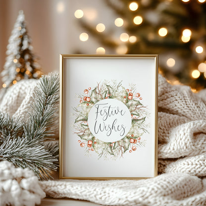 Christmas Print Watercolour Green white red wreath festive wishes Wall Art (unframed)