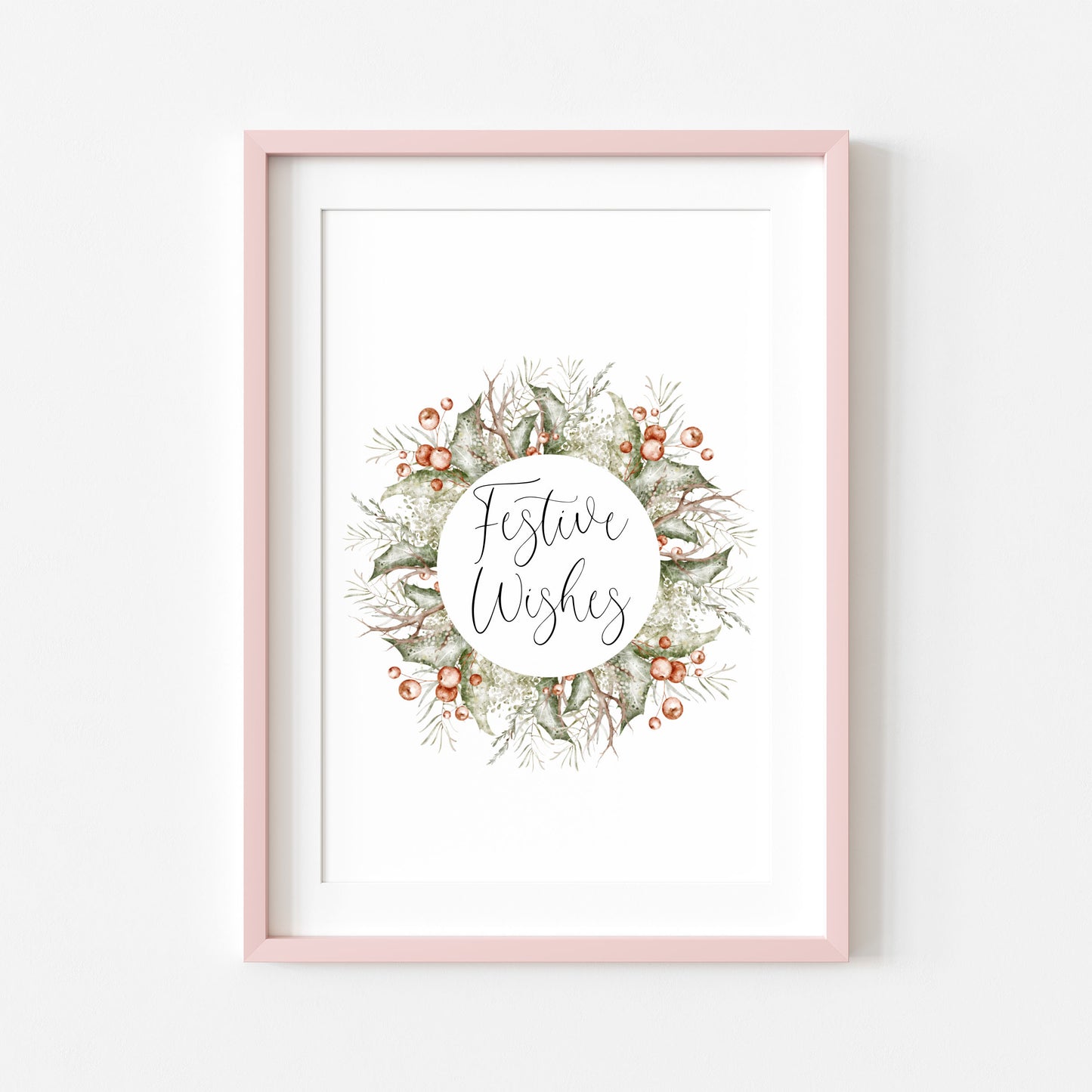 Christmas Print Watercolour Green white red wreath festive wishes Wall Art (unframed)