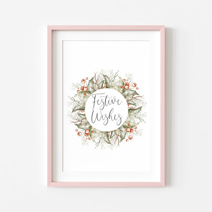 Christmas Print Watercolour Green white red wreath festive wishes Wall Art (unframed)